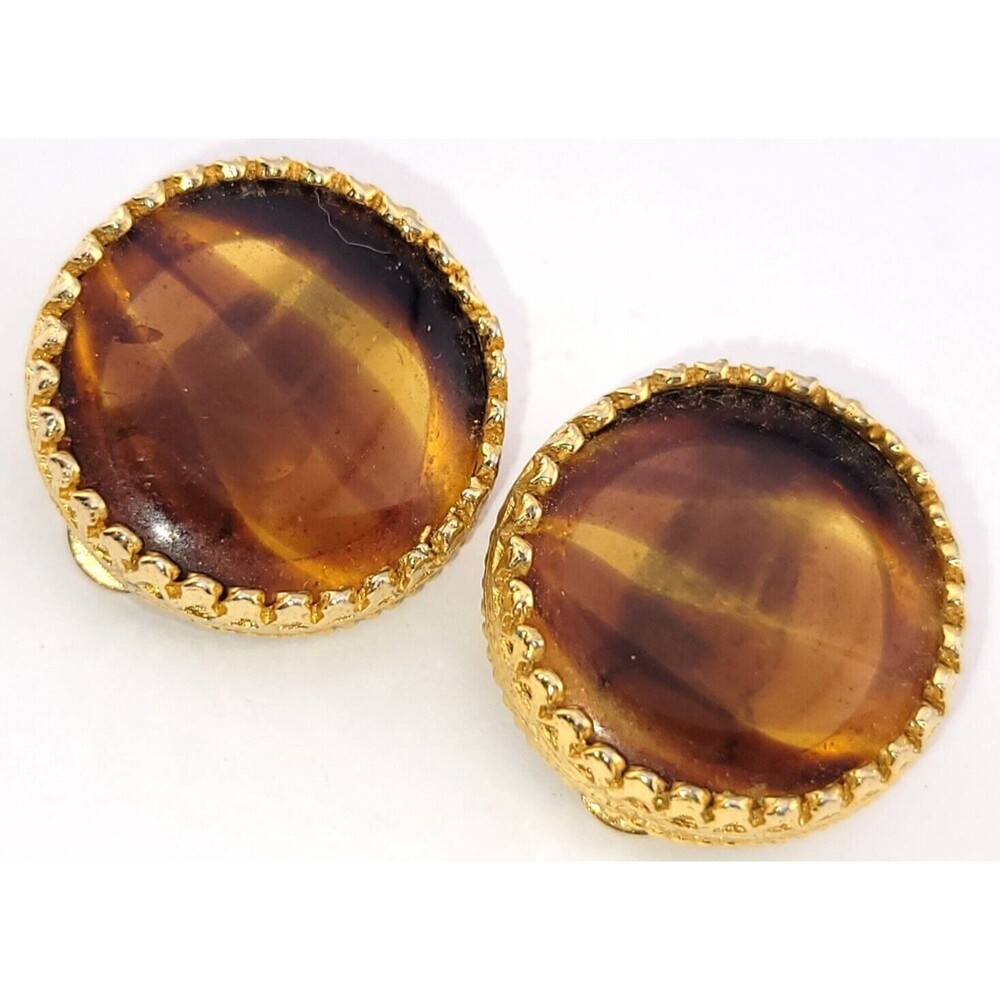 Vintage Kramer Signed Brown Gripoix Glass Gold Tone Coin Clip Earrings 1"